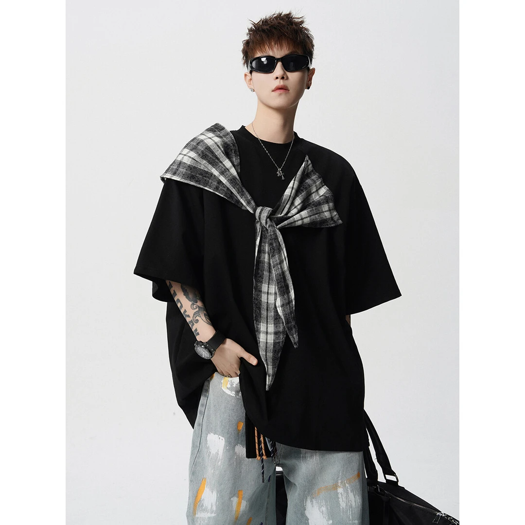 美式格子拼接短袖t恤男2025新款夏季飘带打结设计感纯棉情侣半袖