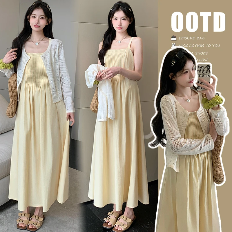 2025春夏新款韩版时尚显瘦吊带宽松大码连衣裙孕妇裙孕妇装两件套