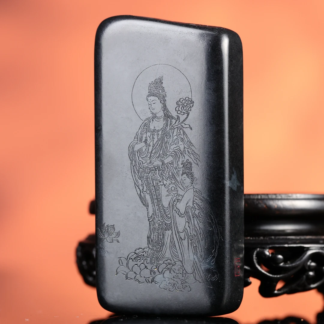 dx和田玉青花墨玉持莲观音牌sw2511231152