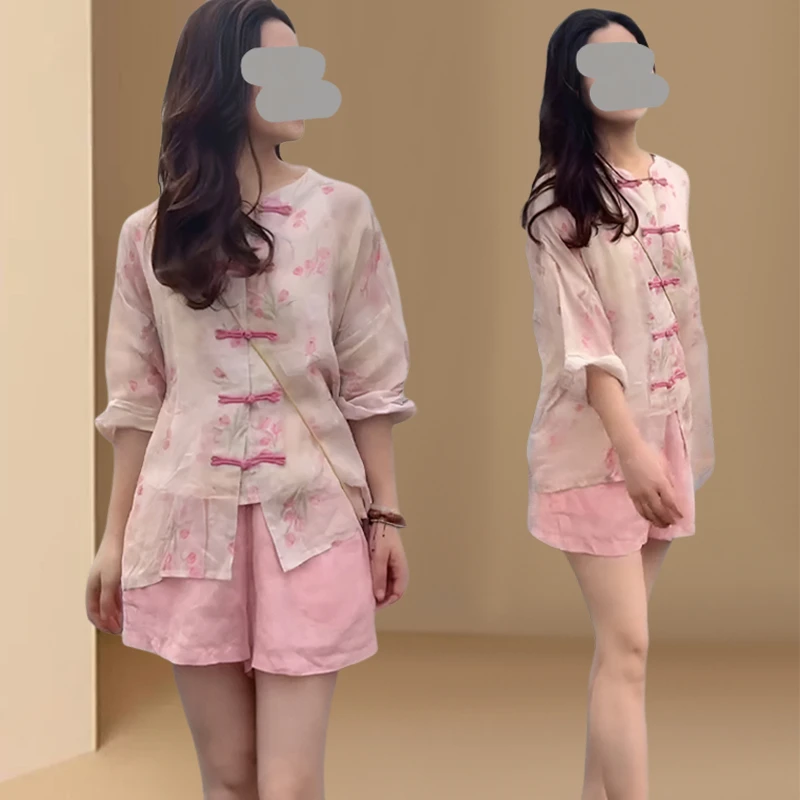 夏季新款复古盘扣气质衬衫女高腰短裤女新中式国风时尚气质两件套