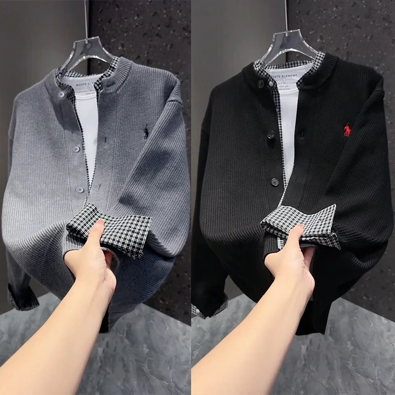 假两件格子拼接开衫外套秋季潮流宽松休闲上衣慵懒风简约针织毛衣