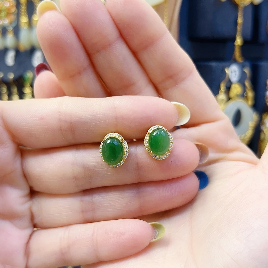 和田玉银S925镀金镶嵌耳饰