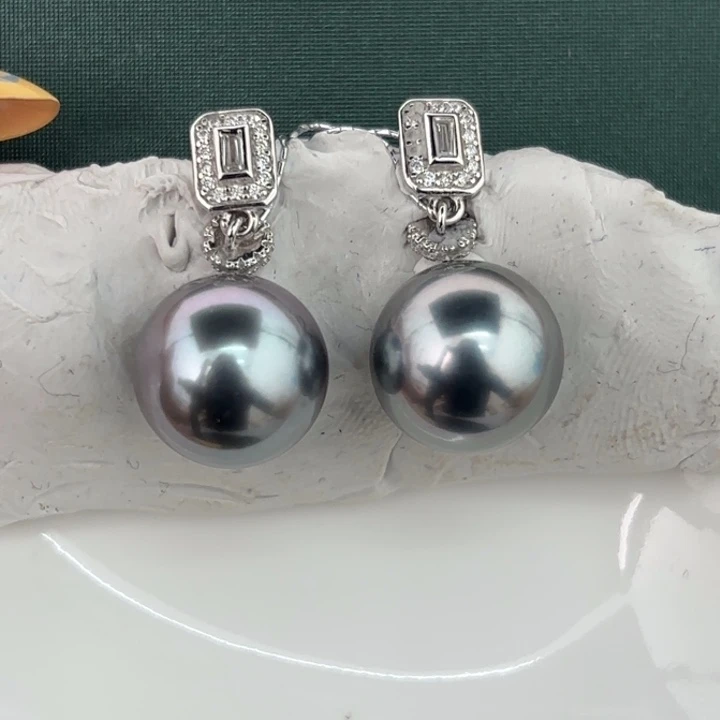 定制海水珍珠银S925镶嵌耳饰11.7mm铂金灰裸珠两颗