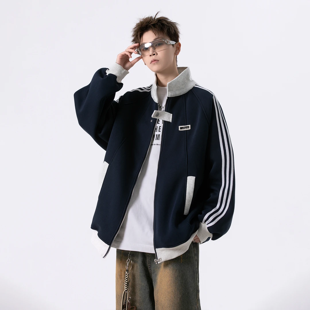 美式三条杠棒球服男秋季重磅潮牌条纹运动夹克青少年拼接翻领外套