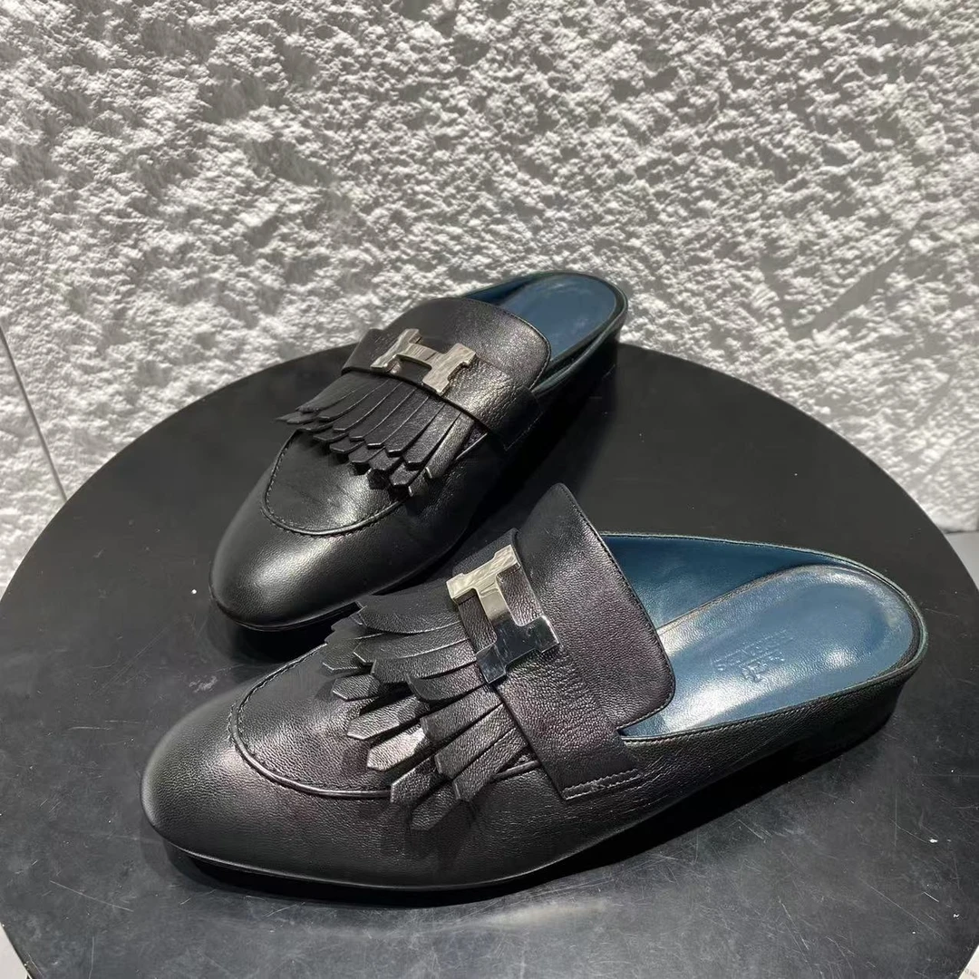 99新 Hermes/爱马仕 39.5码/仔仔女鞋/无配件/黑色流苏H半拖 853