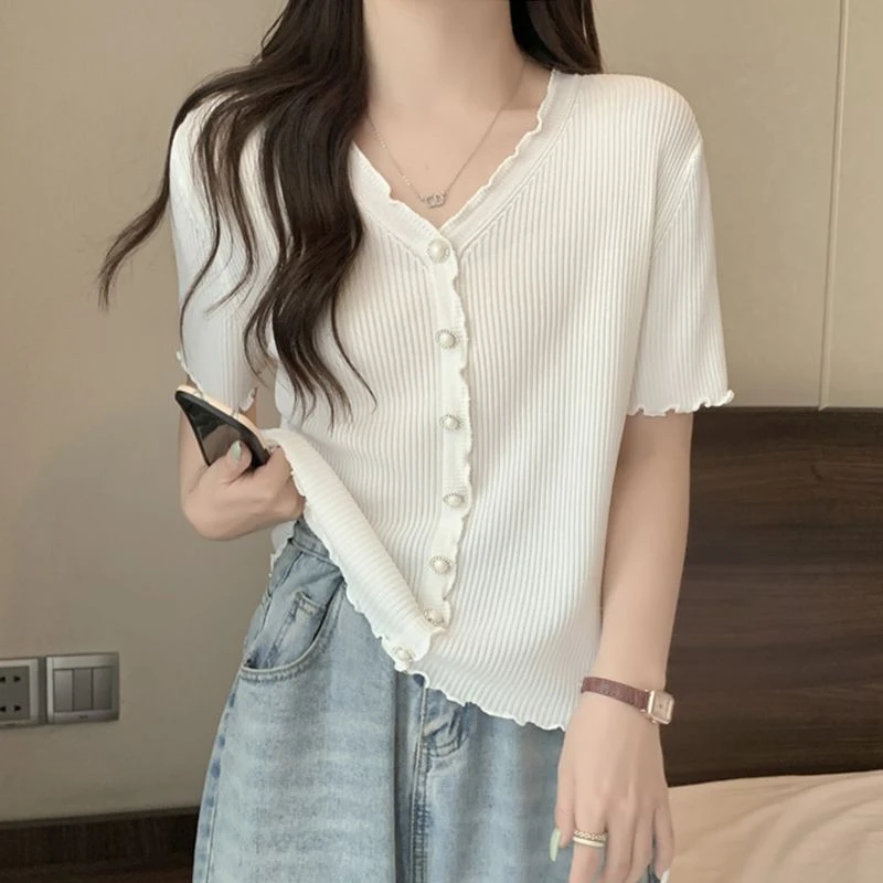 夏季短款毛针织衫V领小众设计感不起球百搭宽松显瘦爱依服上衣