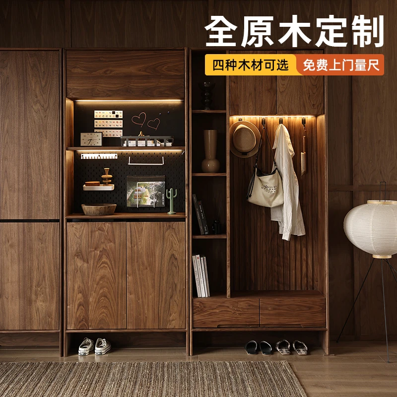 北美黑胡桃木入户实木玄关柜进门换鞋柜一体式中古隔断定制储物柜
