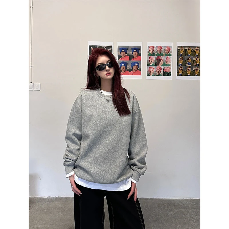 25重磅400g纯色加绒卫衣男美式宽松潮牌打底衫女春季高街秋yl666