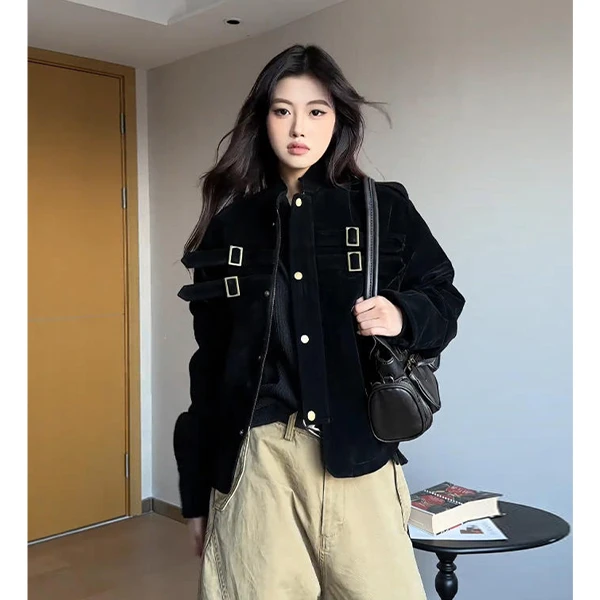 美式高街麂皮绒绑带夹克外套男短款秋季立领高级感痞帅情侣棒球服