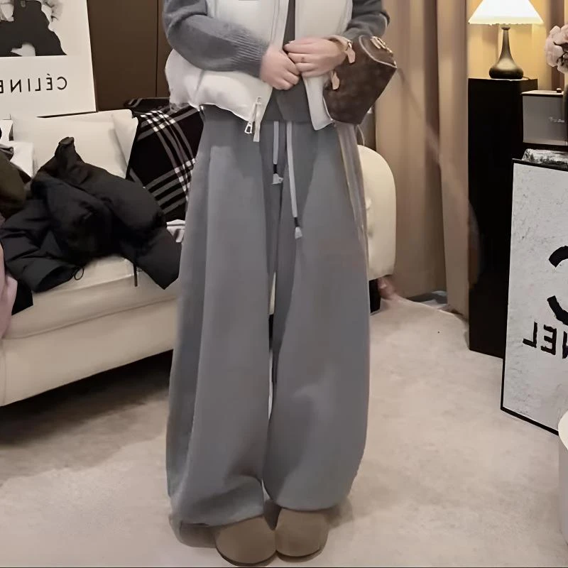 秋冬慵懒风软糯羊尼加绒阔腿裤女宽松加绒休闲卫裤抽绳灰色弯刀裤