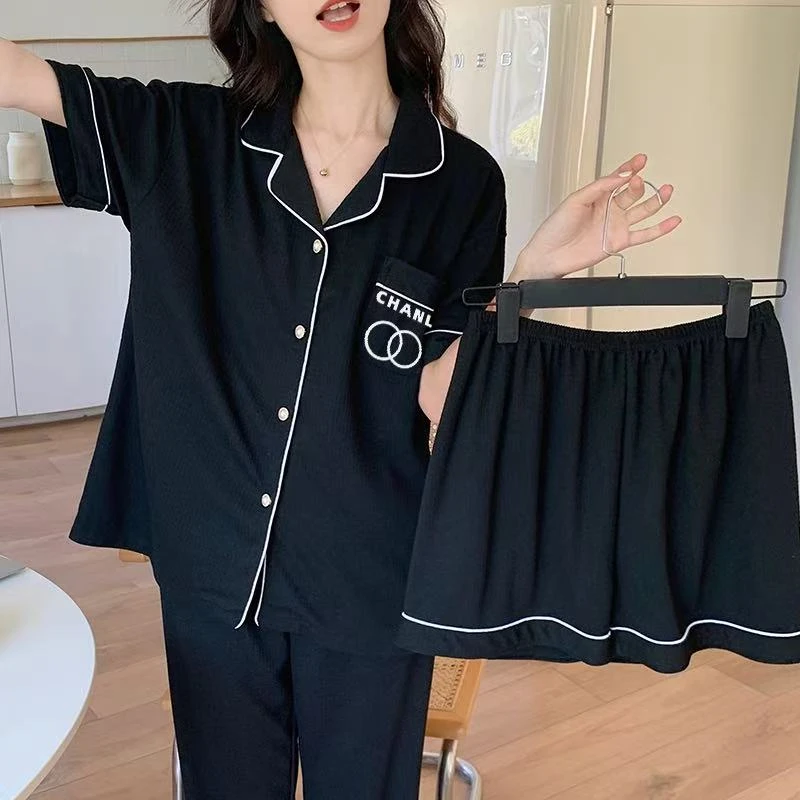 云朵棉夏季短袖三件套睡衣女休闲薄款家居服套装可外穿舒适洋气