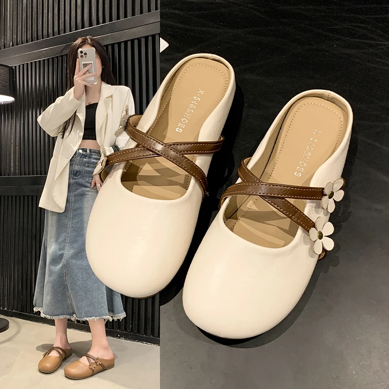 仙女风交叉带包头半拖鞋女外穿平底2025年夏季新款百搭懒人一脚蹬