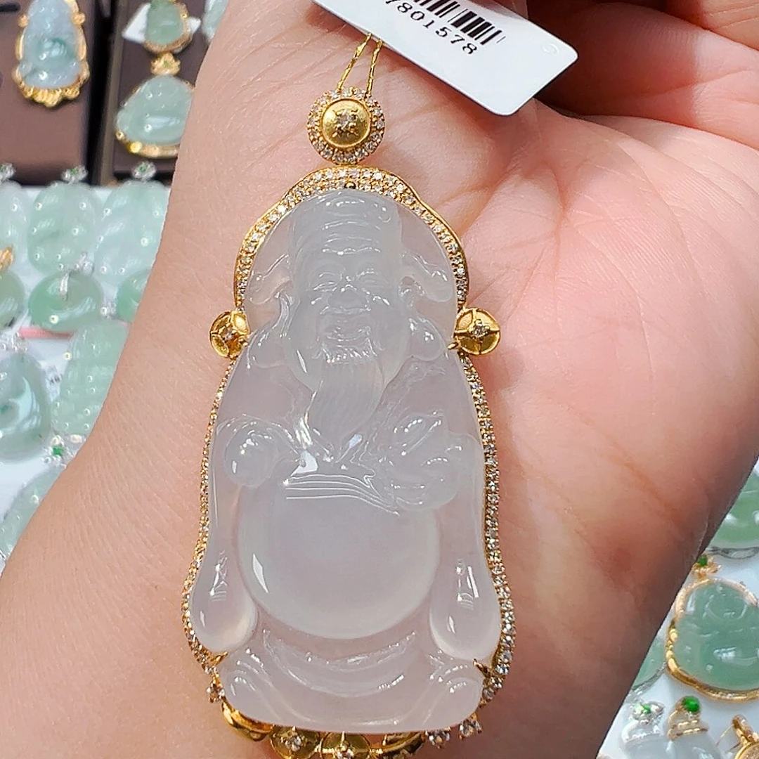 翡翠18K金镶嵌吊坠(不含链)财神爷