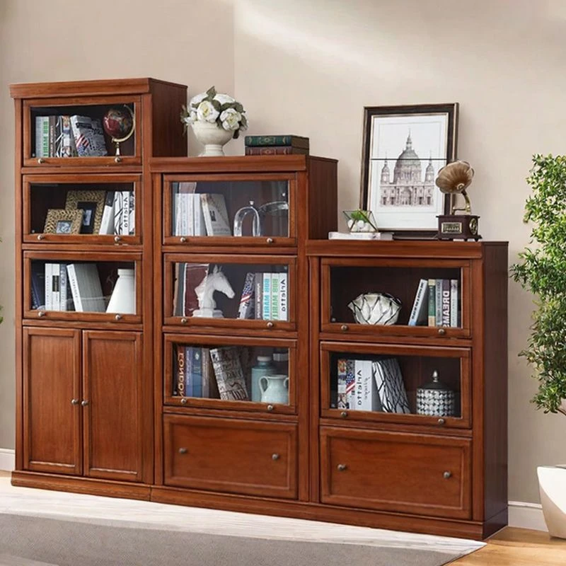美式实木防尘玻璃门书柜客厅带收纳柜一体落地儿童柜子卧室储物柜