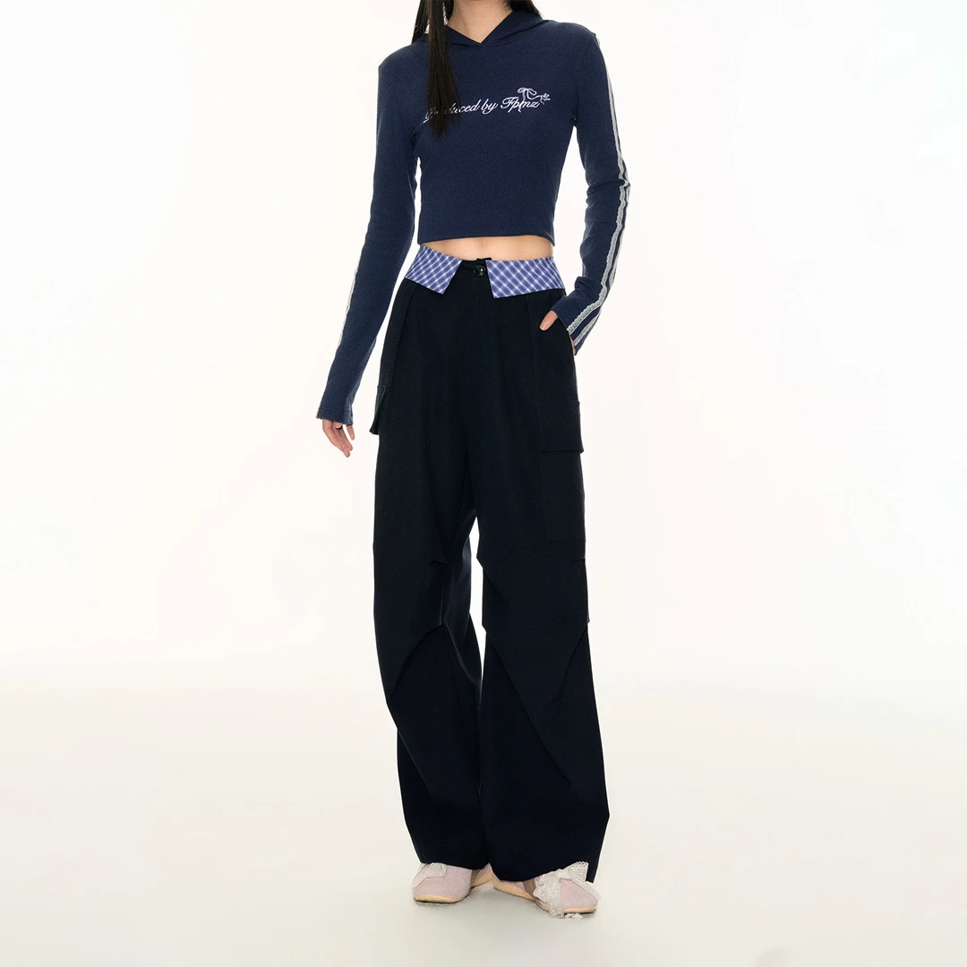 FPMZ蓝格子撞色翻边腰头工装裤宽松显瘦休闲裤垂感高腰直筒裤长裤