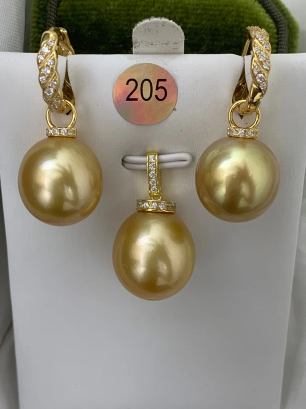 （浓金两件套）海水南洋金珠13-14mm耳扣+吊坠两件套微瑕疵节日送礼