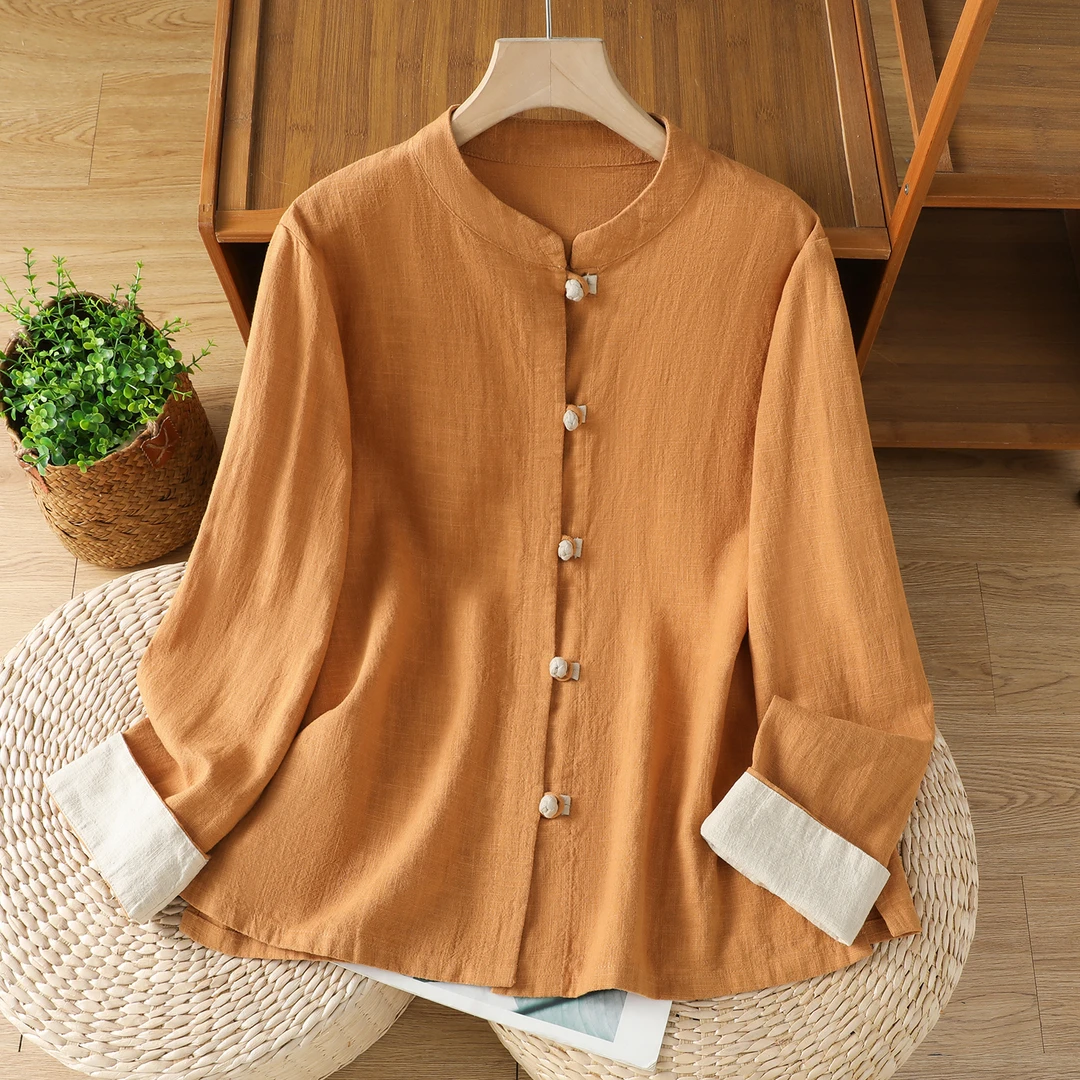 2025春秋季新中式文艺盘扣立领衬衣袖口撞色长袖休闲橘色衬衫女式