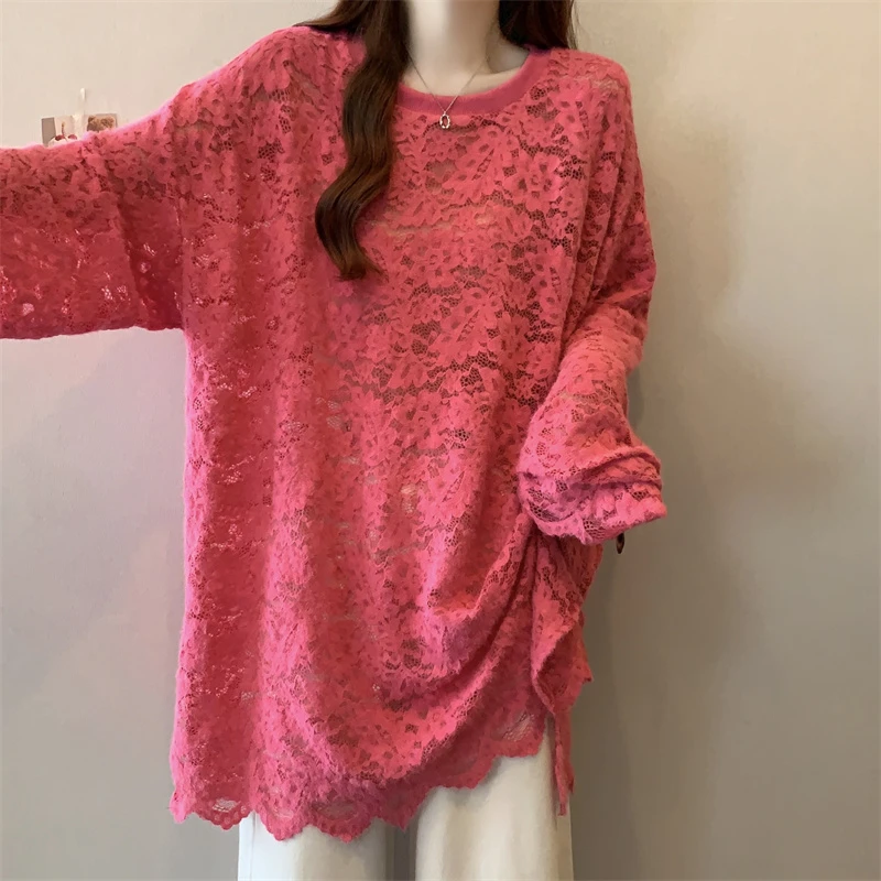 实拍2025春季新款中长款设计款显瘦时尚打底镂空大码蕾丝衫上衣女