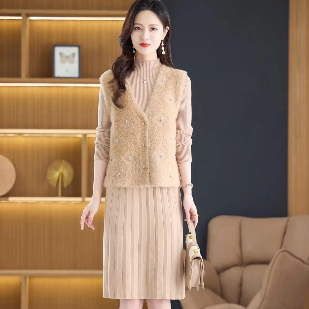 【店铺热销】新款秋冬大码遮肚马甲针织连衣裙2025套装洋气两件套装