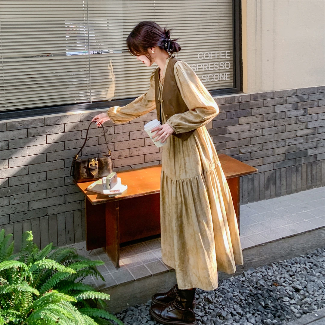 皮马甲法式长袖连衣裙套装女春早秋2025新款韩系轻熟温柔风超好看