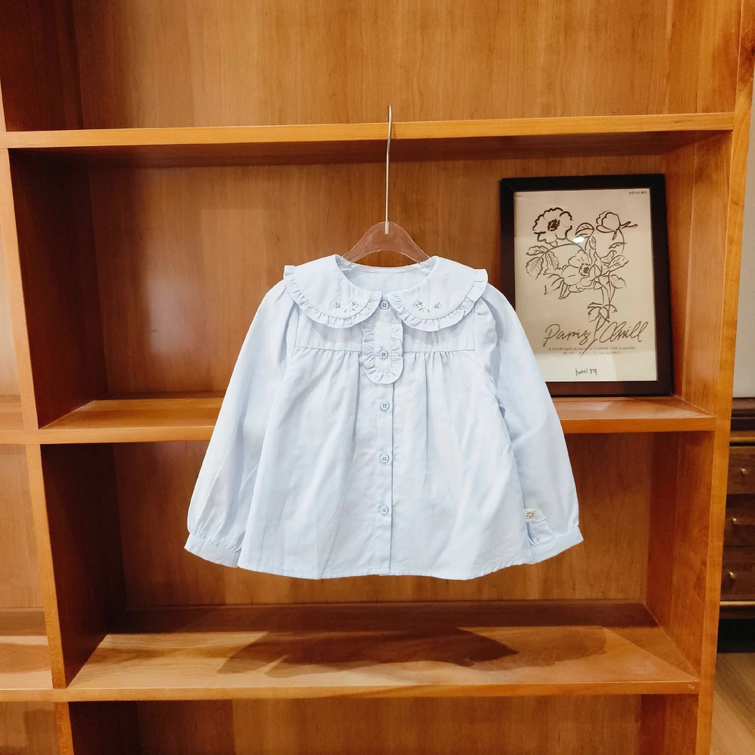 女童春季娃娃领黄花刺绣五粒扣纯色衬衫882107