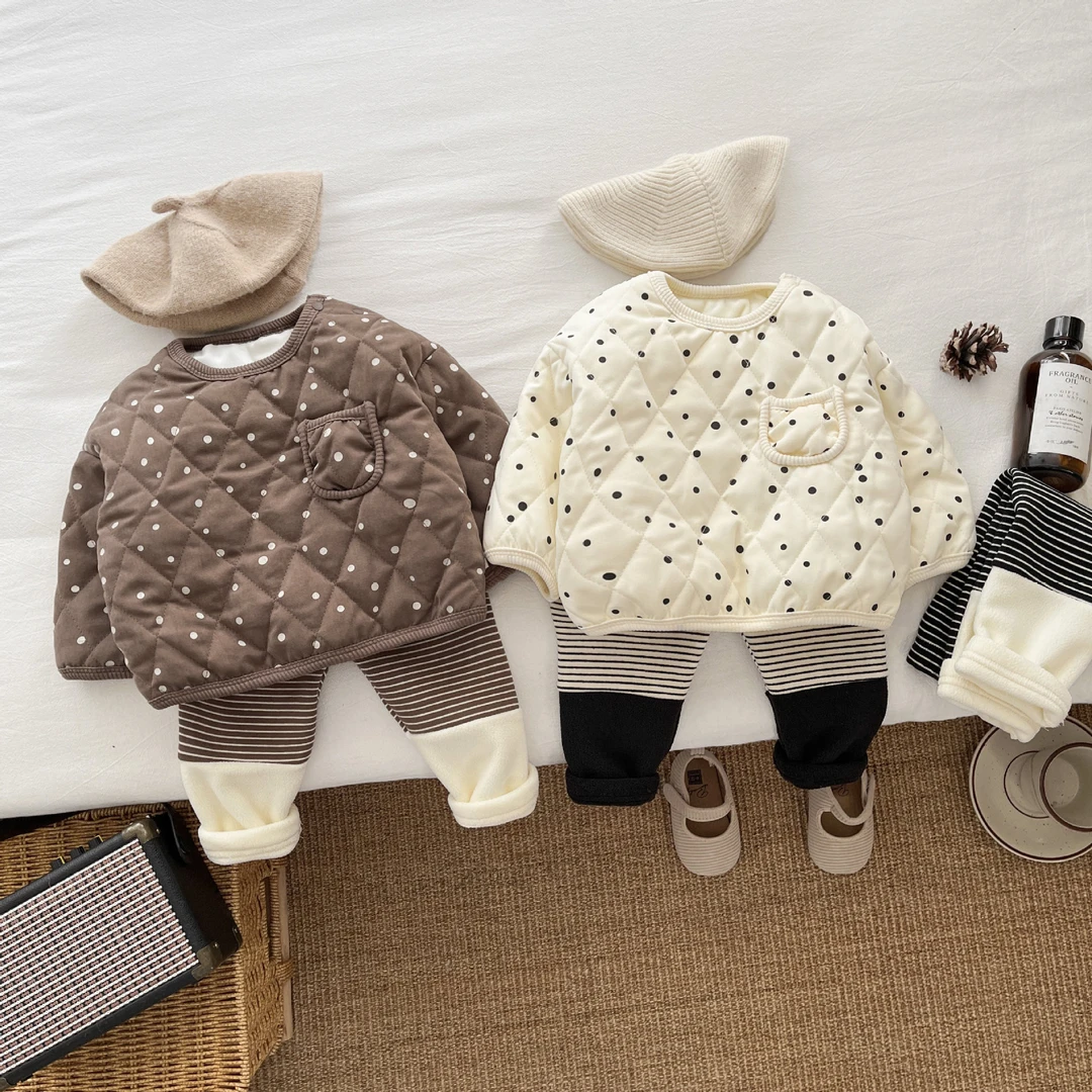 ins婴儿秋冬夹棉上衣女童加绒套外套洋气波点加厚保暖儿童衣服