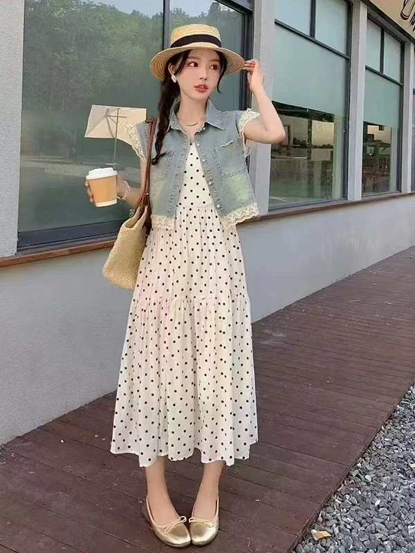 董小姐/2536新款女装蕾丝拼接牛仔马甲吊带裙两件套装连衣裙