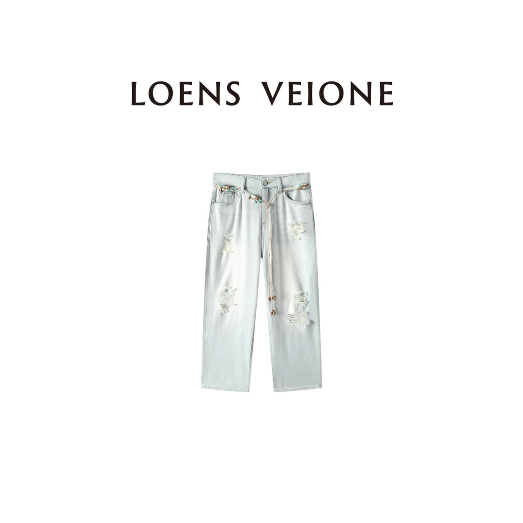 LOENS VEIONE/罗拉 设计师款带腰带水洗破洞牛仔裤25CVBG0221Y