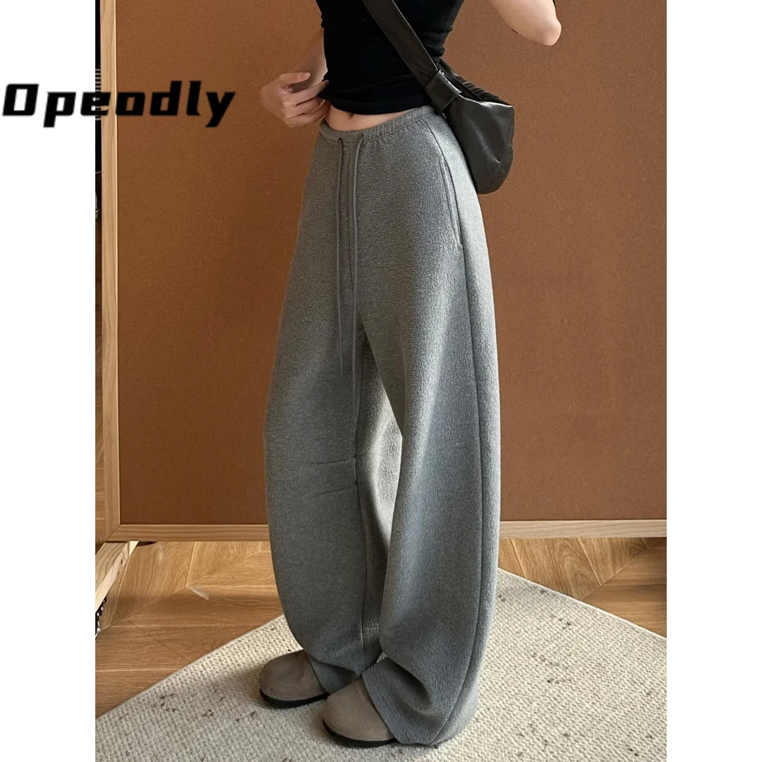 Opeodly灰色休闲卫裤女秋冬2025新款小个子宽松加绒弯刀窄版香蕉