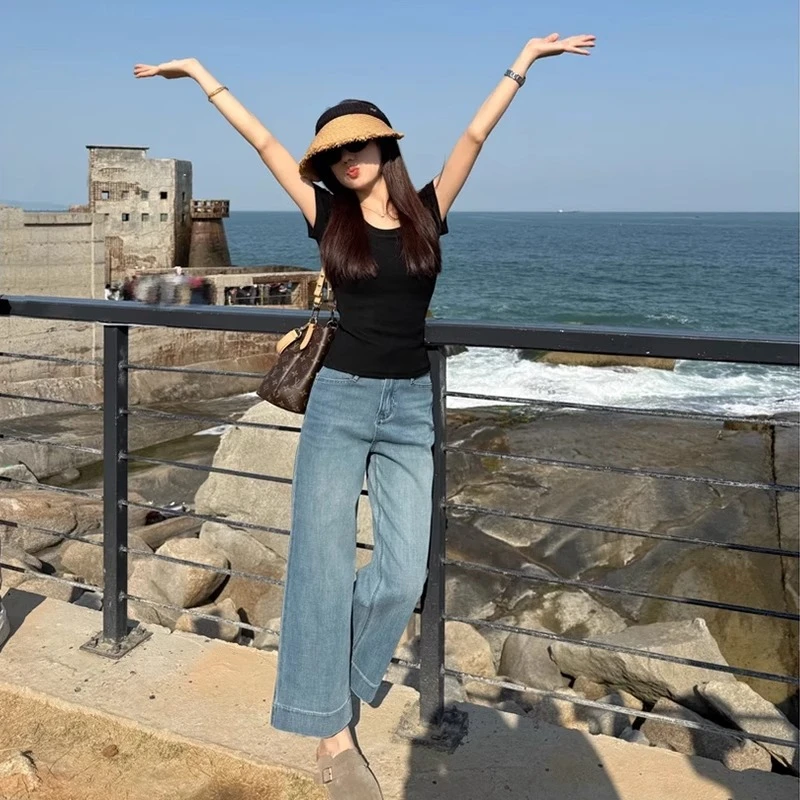 弹力九分烟管牛仔裤女2025秋季新款高腰时尚显瘦百搭设计感直筒裤