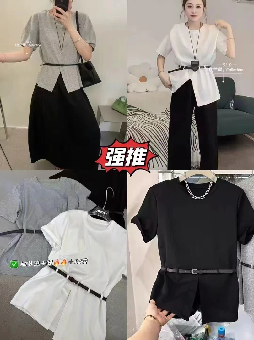 三七特色开衩腰带T恤