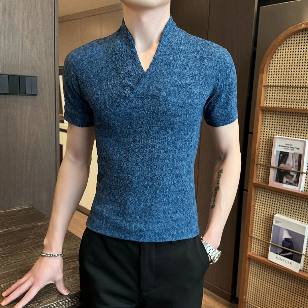 V领短袖t恤男夏季爆款上衣2025新款痞帅高级感潮流修身半袖打底衫