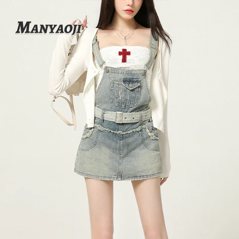 元气嫩妹少女牛仔背带裤裙女2025冬季新款减龄腰带显瘦百搭短裤裙