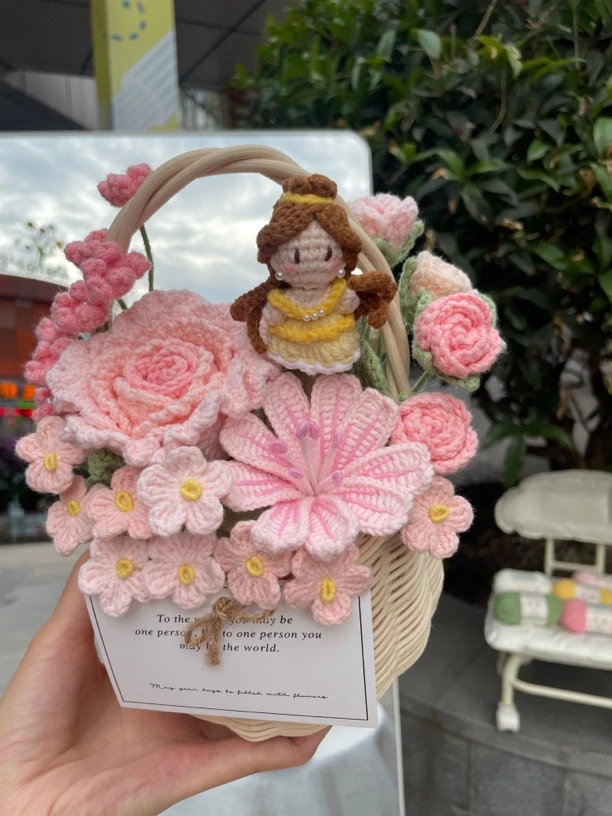 韩系纯手工钩织迪士尼乐园贝儿公主粉色系玫瑰花篮生日礼物儿童节
