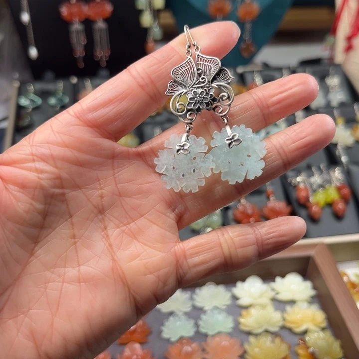 蛇纹石玉耳饰银S925镶嵌