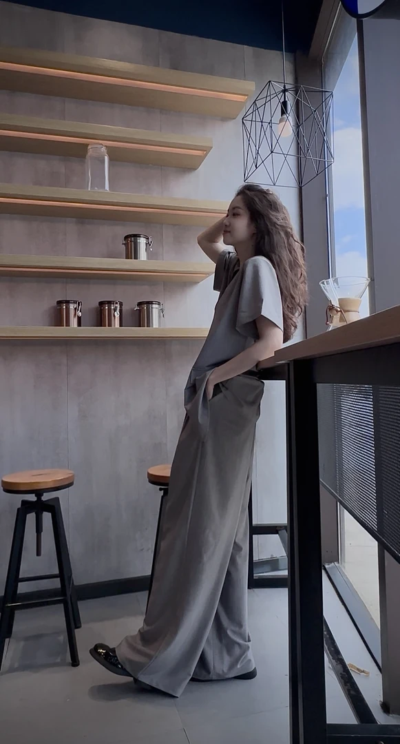 高个子气质休闲简约无领短袖西装宽松版套装 NX-7002