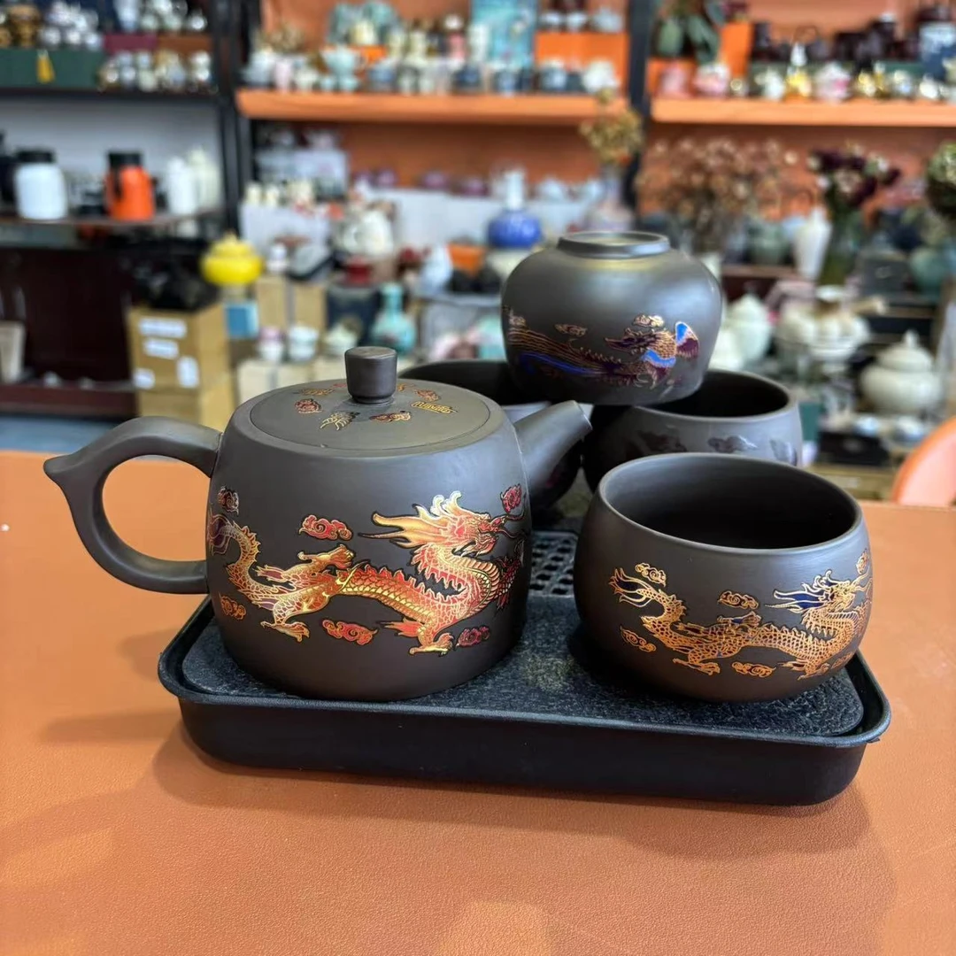 友名  黑泥紫砂鸿运龙凤景南壶一壶四杯小套装家用功夫茶具-2962