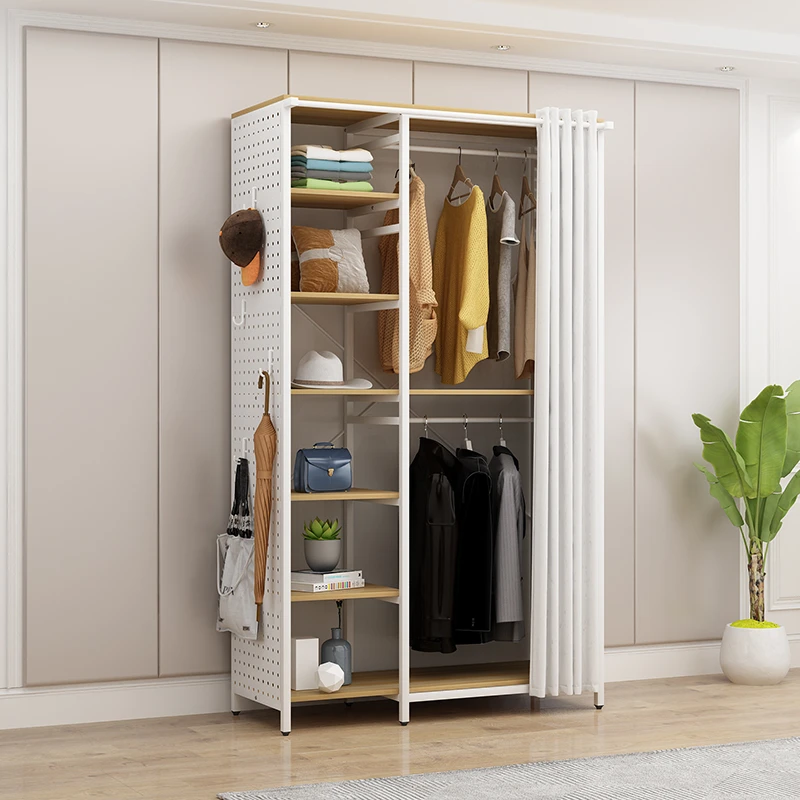 简易组装洞洞板开放式衣柜防尘罩帘子落地衣帽架金属衣帽间双层
