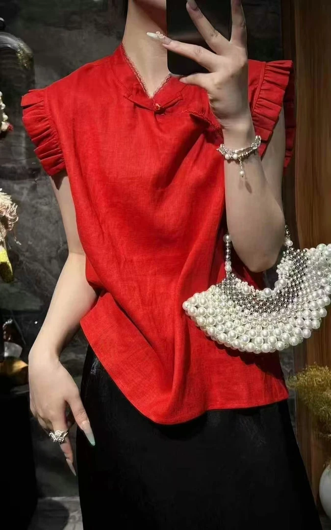 新中式国风红色无袖亚麻设计感上衣6165