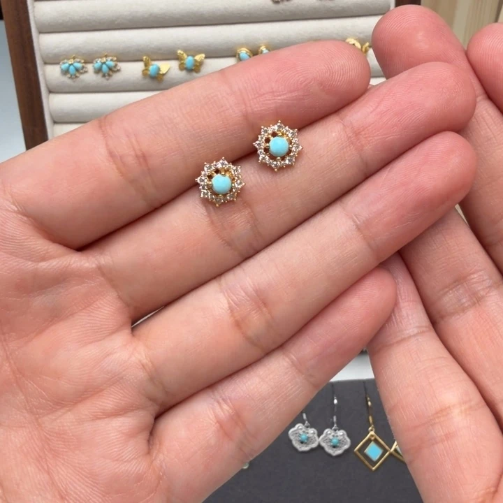 绿松石银S925镶嵌耳饰