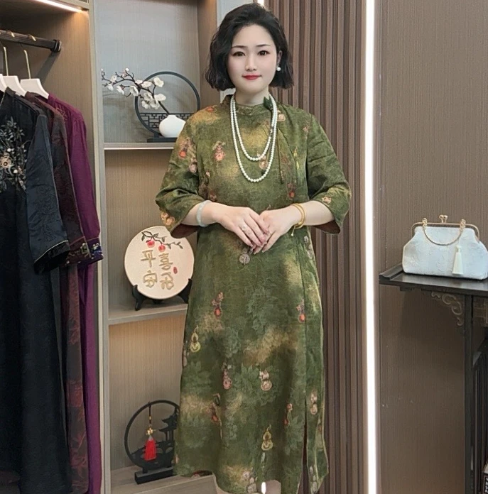 【意染】2025新款高端时尚重磅素雅新中式风格印花遮肉显瘦连衣裙