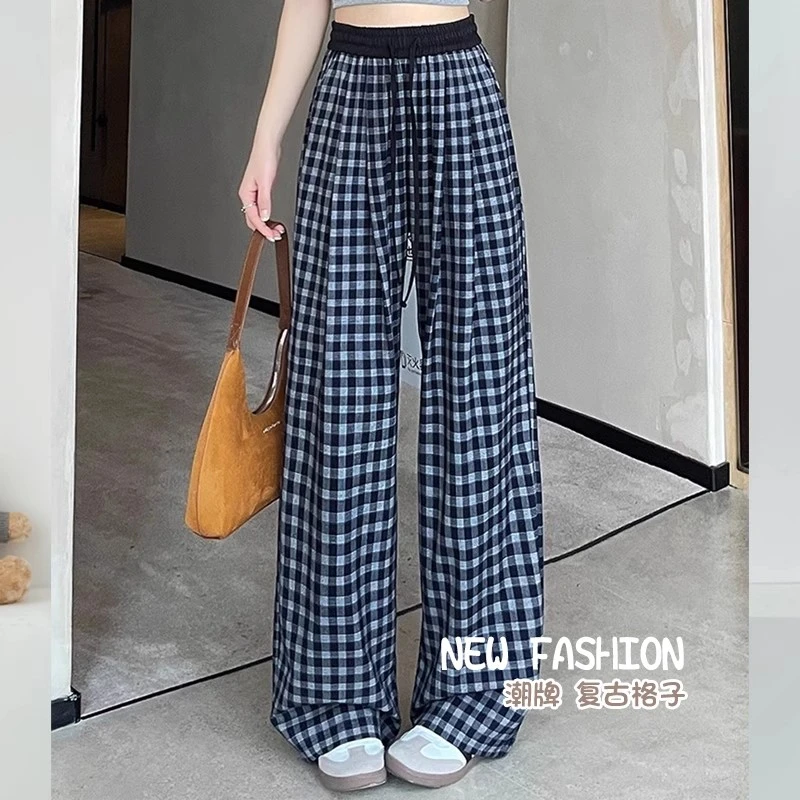 复古慵懒风格子阔腿裤女夏季薄款小个子高腰宽松显瘦直筒拖地裤子
