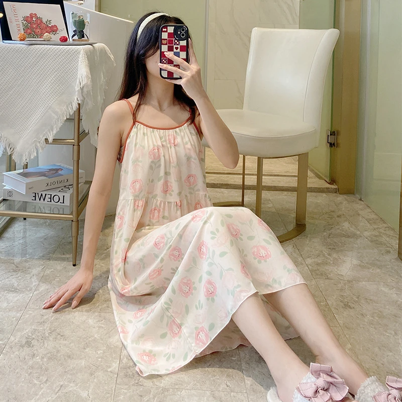 性感睡衣珍珠挂脖睡裙挂脖浪漫甜美两件套夏季正反两穿无袖大码女