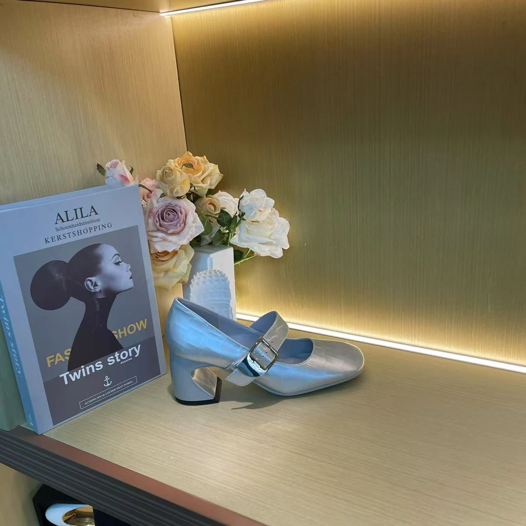 963【羽纱】银色春夏款女士方头休闲中跟纯手工单鞋C【4CM】