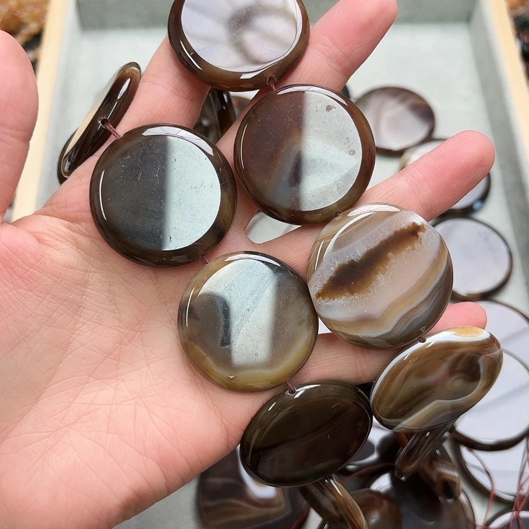 玛瑙/玉髓未镶嵌珠宝半成品卡37咖条纹玛圆饼一条小