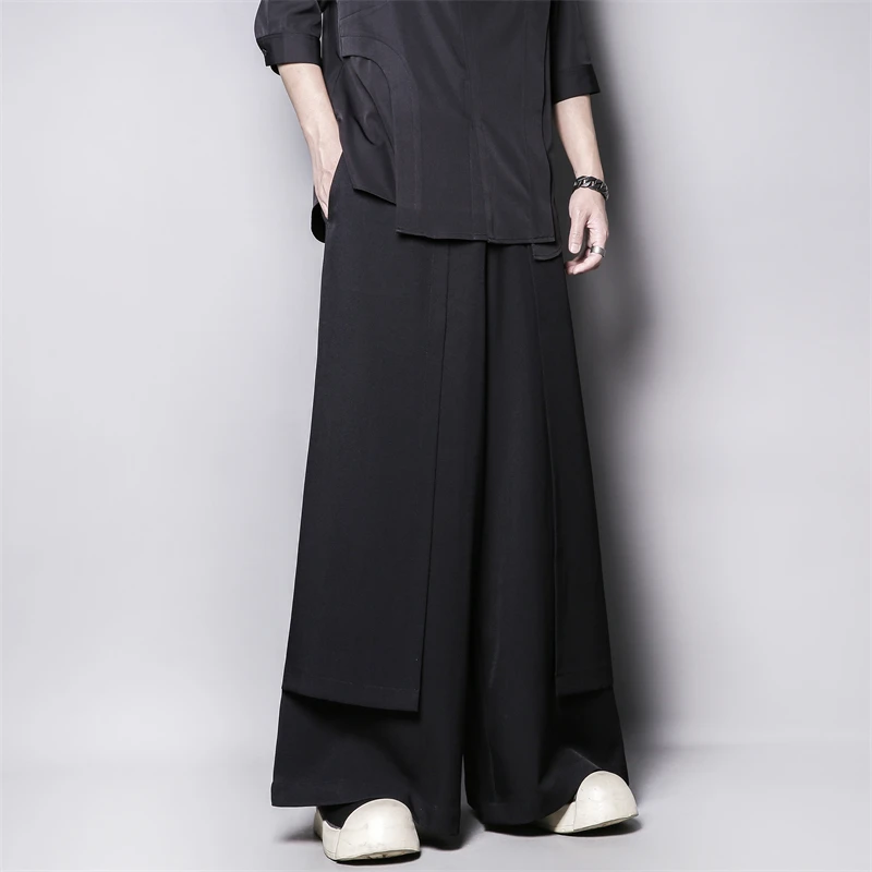 暗黑个性立体裁剪假两件拼接设计感宽松垂感抗皱阔腿裤直筒长裤男