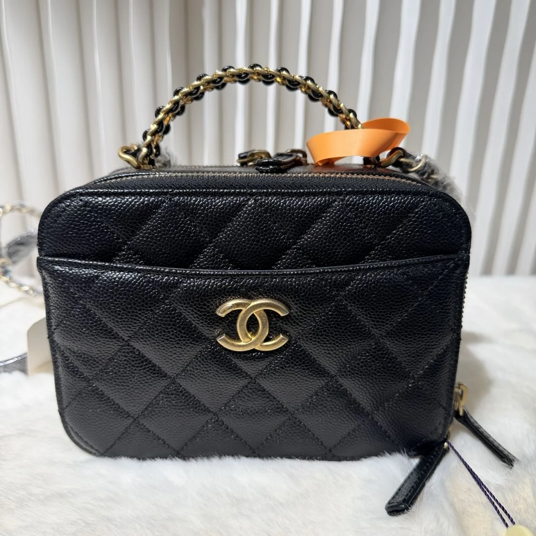 99新 Chanel/香奈儿 黑金荔枝牛相机包小号/斜跨链条包