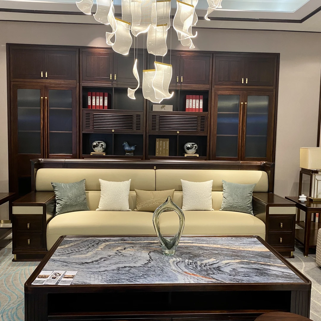 阅东方 新中式黑檀木牛皮沙发带抽屉实木简约客厅别墅古典轻奢