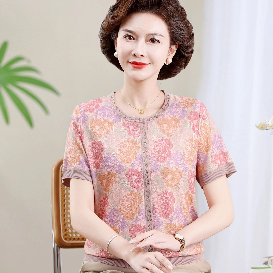 妈妈装夏装短袖T恤薄款洋气小衫60-70岁中老年女母亲衣服碎花上衣