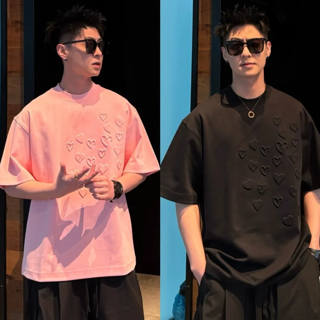 2025春夏季重磅立体爱心设计圆领T恤男高级感时尚宽松百搭休闲t恤